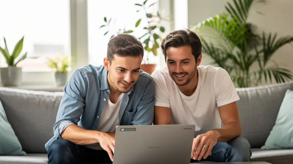 Couple examinant les options de crédit immobilier sur un simulateur en ligne dans leur salon.