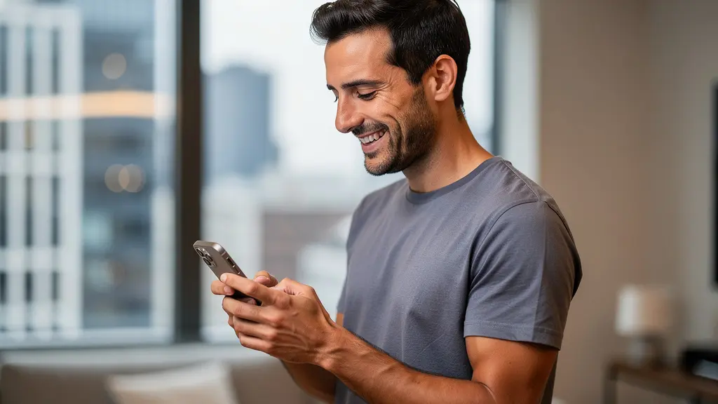 Homme utilisant le simulateur de crédit Pretto sur son smartphone et obtenant un résultat positif.