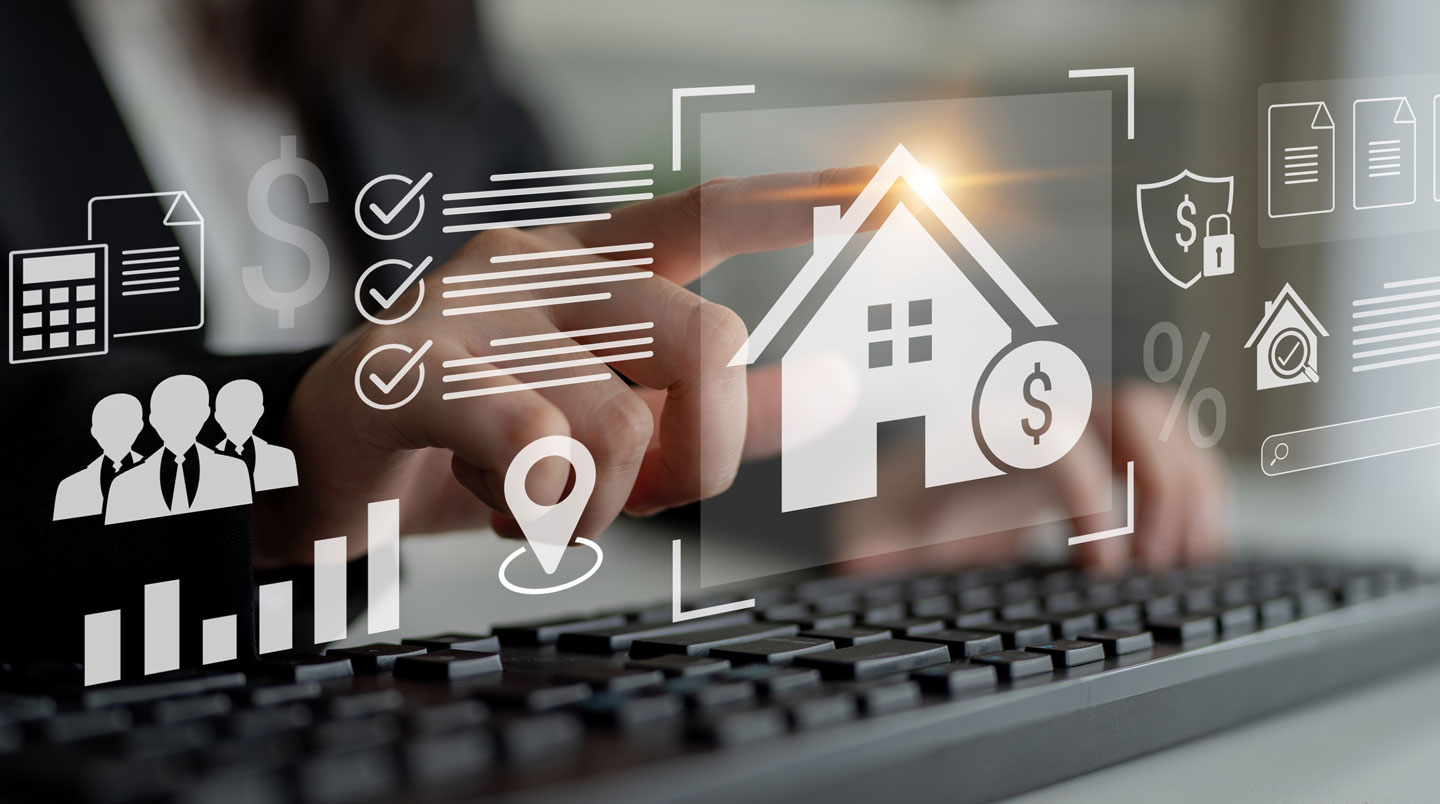 Illustration isométrique des 5 étapes du crédit immobilier : du projet à la signature.