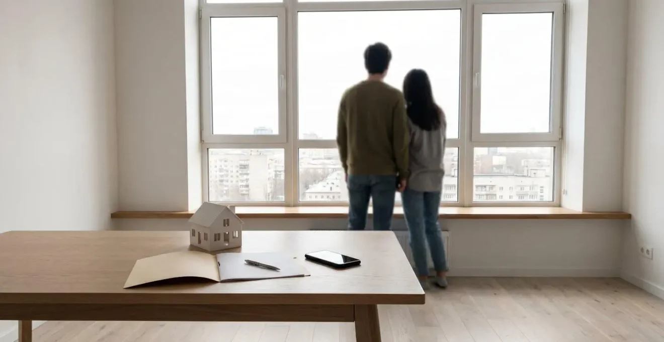 Un couple devant une fenêtre lumineuse, consultant des documents de prêt immobilier sur une table en bois.