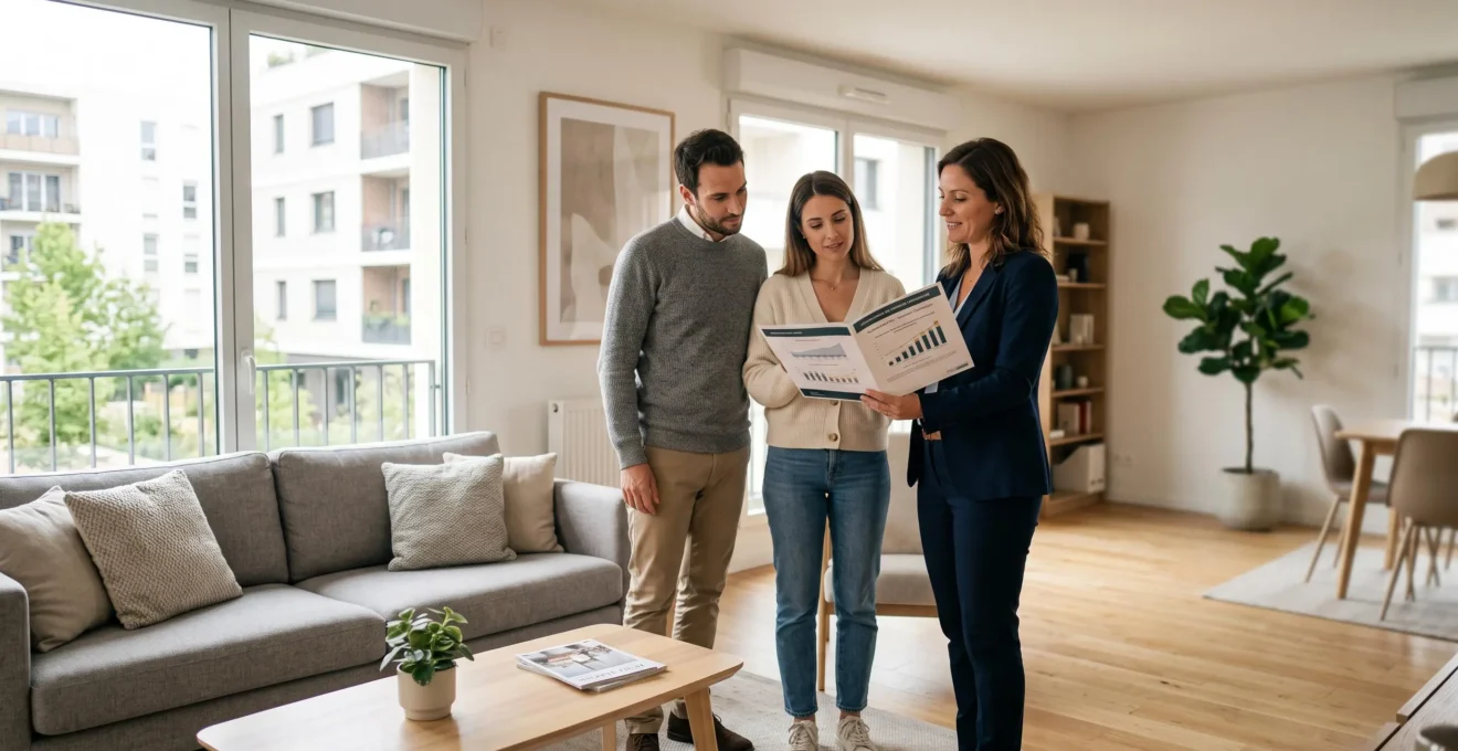 Agent immobilier présentant un dossier d'analyse de marché à un couple lors d'une visite d'appartement moderne et lumineux