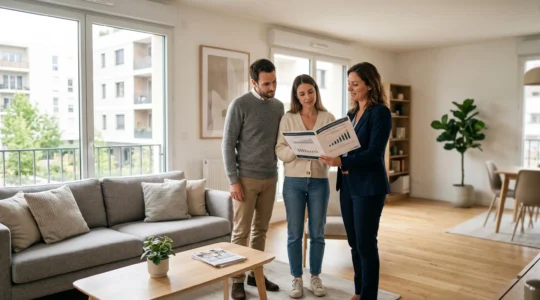 Agent immobilier présentant un dossier d'analyse de marché à un couple lors d'une visite d'appartement moderne et lumineux