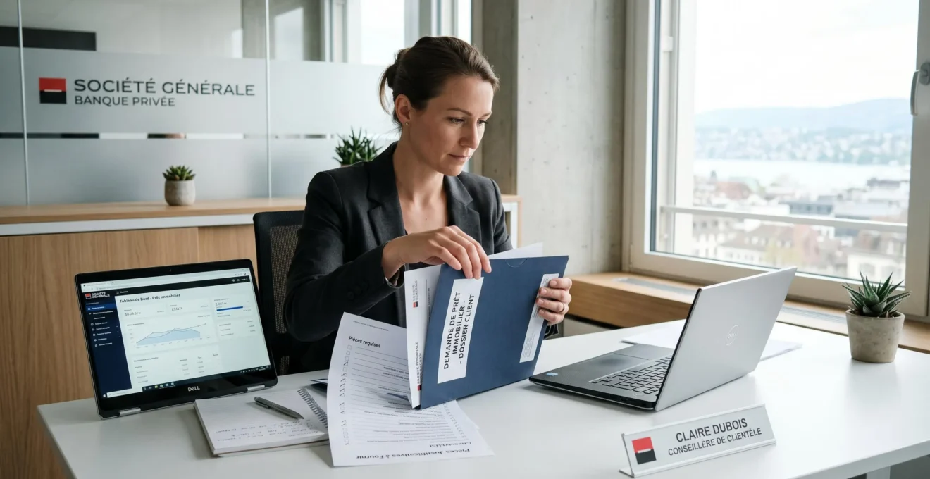 Conseiller bancaire organisant un dossier de prêt épargne logement dans un bureau moderne, documents classés, écran d'ordinateur et checklist sur le bureau