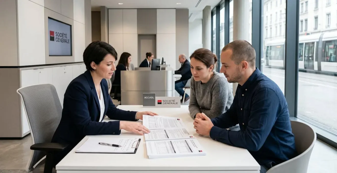 Couple dans la trentaine consultant un conseiller bancaire dans une agence Société Générale moderne, documents PEL étalés sur un bureau blanc minimaliste