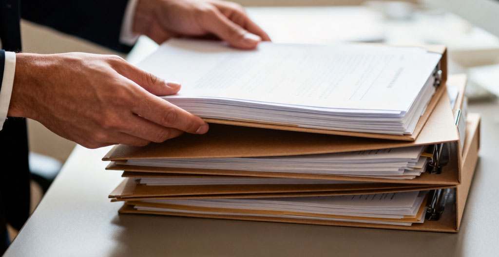Conseiller bancaire organisant un dossier de prêt épargne logement dans un bureau moderne, documents classés, écran d'ordinateur et checklist sur le bureau