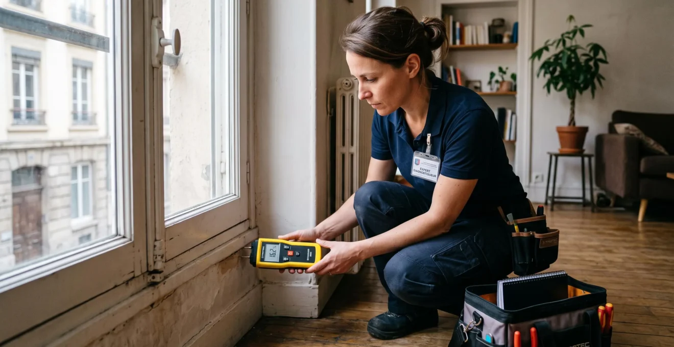 Expert diagnostiqueur inspectant l'état d'une fenêtre ou d'un mur avec outil de mesure professionnel dans un appartement résidentiel