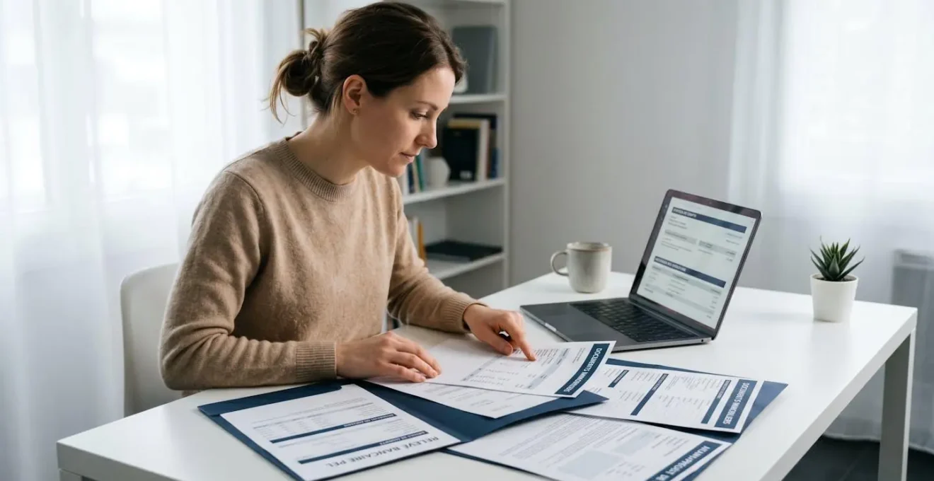 Jeune femme consultant des relevés bancaires PEL et documents immobiliers sur un bureau blanc épuré, ordinateur portable ouvert, lumière naturelle