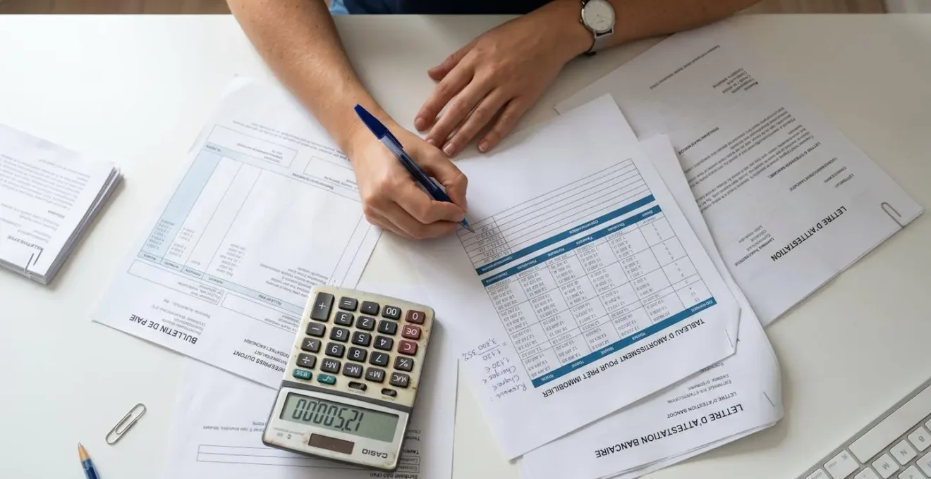 Vue de dessus de documents financiers français sur bureau blanc : bulletins de salaire, tableau d'amortissement, calculatrice, main annotant des calculs de taux d'endettement au stylo bleu