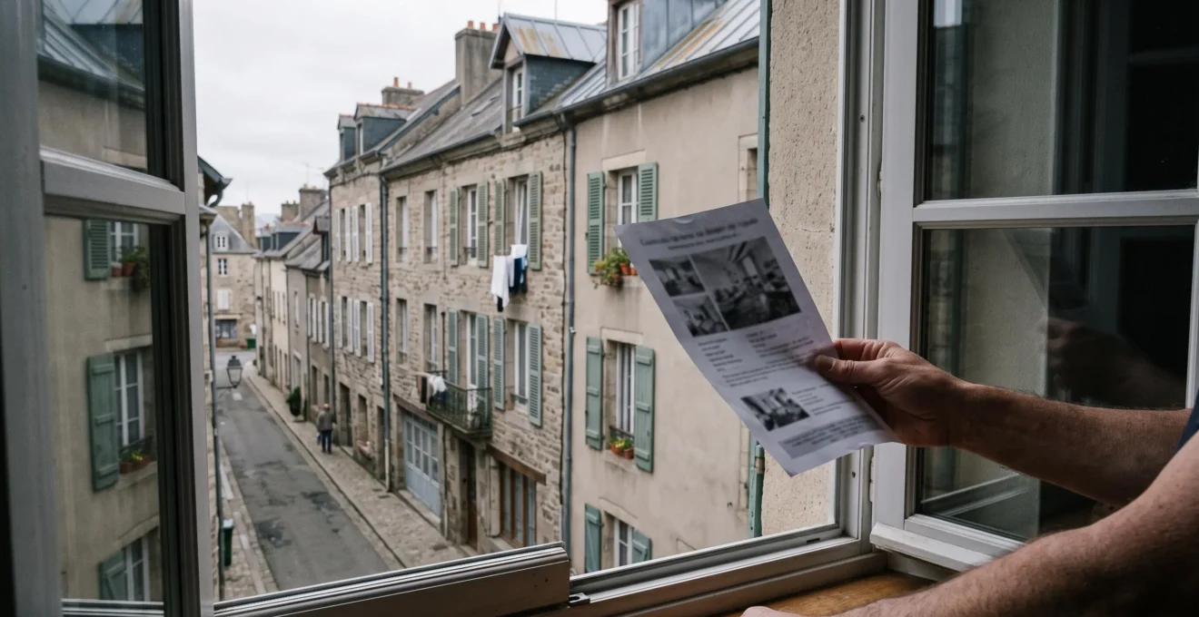Une main tient une annonce immobilière imprimée devant la fenêtre d'un appartement donnant sur une rue résidentielle française.