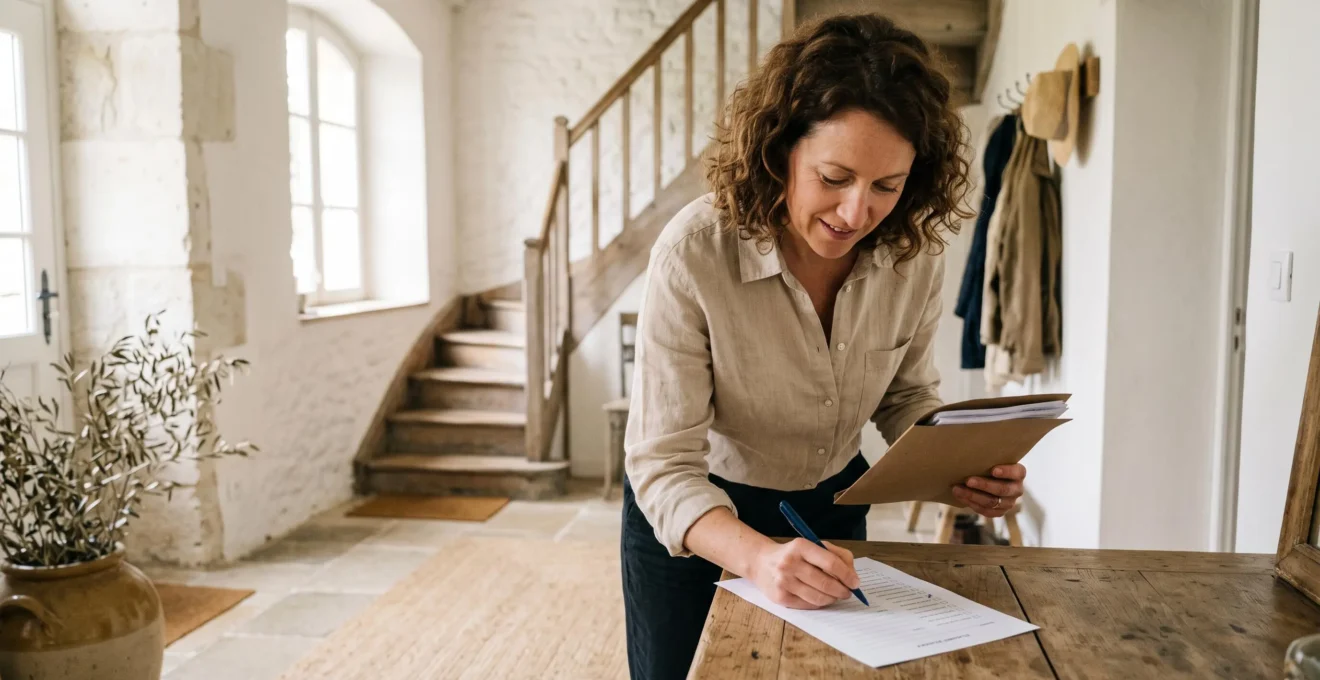 Une propriétaire vérifie une check-list de points de contrôle avec un stylo dans l'entrée d'une maison de vacances.