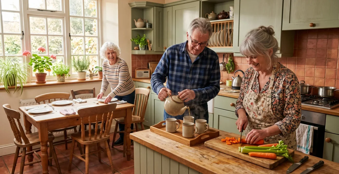 Trois seniors préparent ensemble un repas dans la cuisine lumineuse d'une colocation séniors.