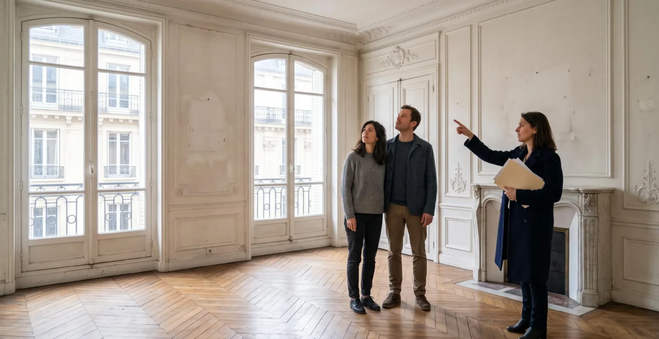 Un couple accompagné d'un agent immobilier visite un appartement haussmannien vide lors d'une première acquisition.