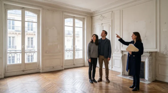 Un couple accompagné d'un agent immobilier visite un appartement haussmannien vide lors d'une première acquisition.