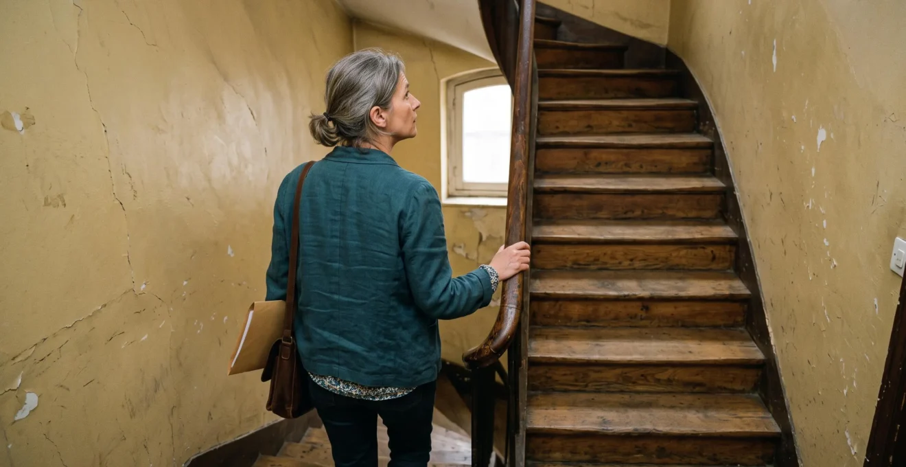 Une femme monte un escalier ancien sans ascenseur dans un immeuble français en tenant la rampe en bois.