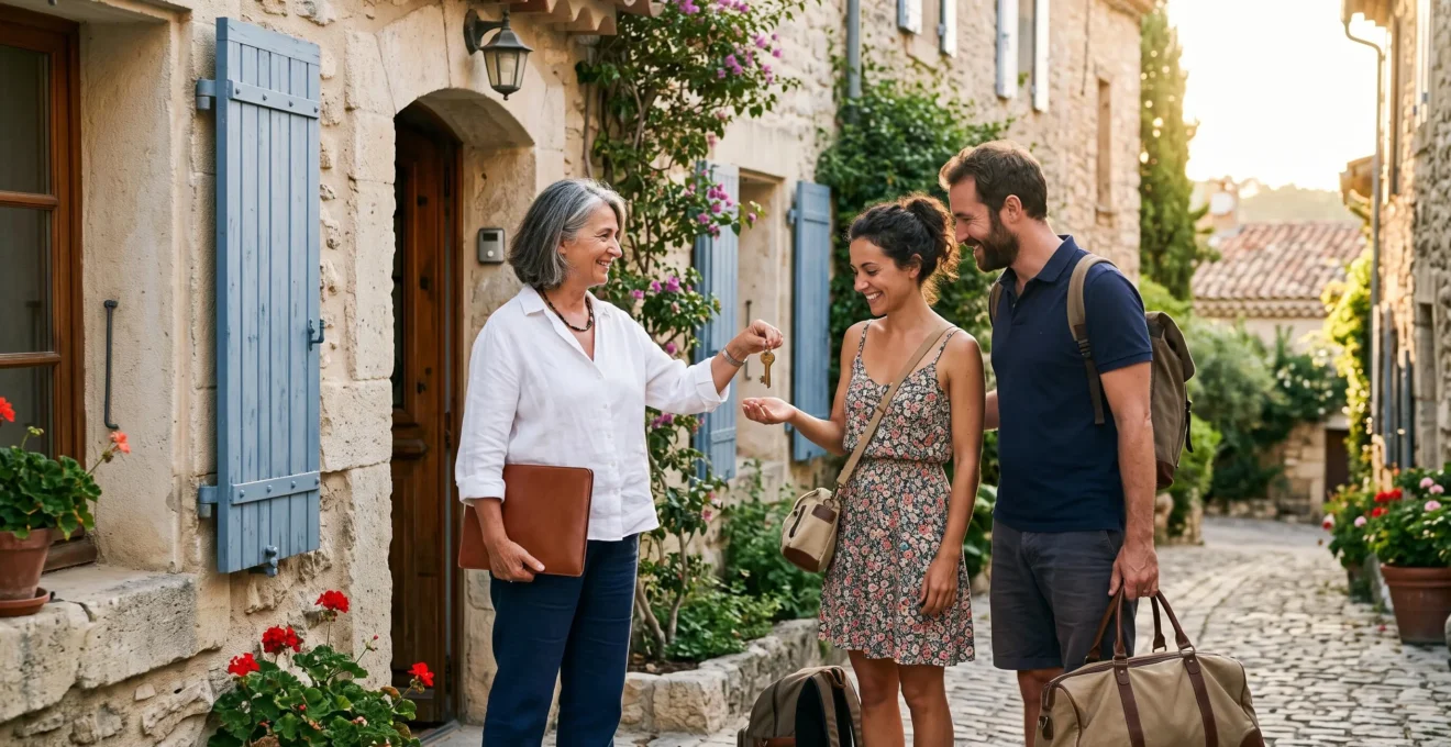Une propriétaire remet les clés d'une maison de vacances en pierre à un couple de locataires devant la porte d'entrée.