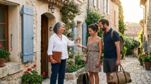 Une propriétaire remet les clés d'une maison de vacances en pierre à un couple de locataires devant la porte d'entrée.