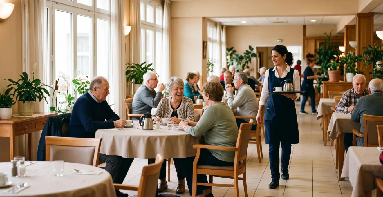 Des résidents séniors discutent autour des tables du restaurant commun d'une résidence pendant qu'une serveuse circule avec un plateau.