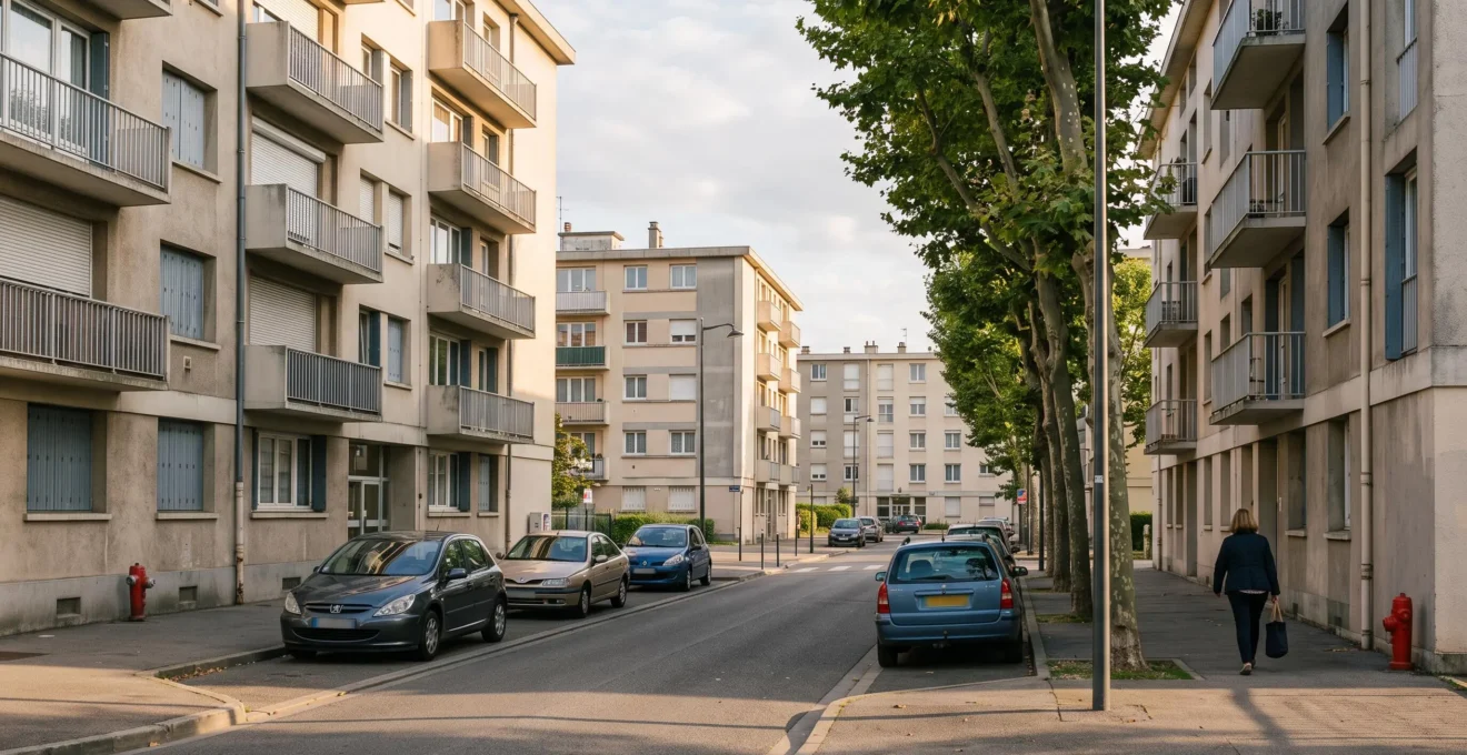 Une rue résidentielle calme bordée d'immeubles standards français avec volets fermés et voitures garées.